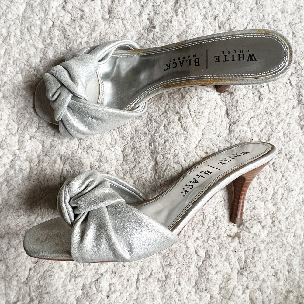 WHBM: Magic Metallic Silver Peep Toe Knot Vamp Slip On Heeled Mules Size 6.5